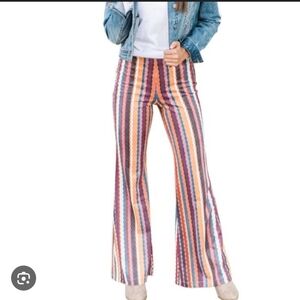 Rockin C Striped Multicolor Suede Feel Material Flared Pants_Small